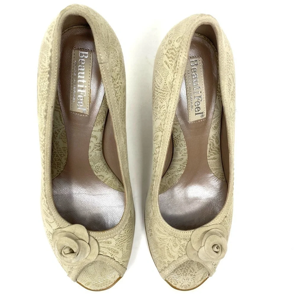 Beautifeel Glasgow peep toe pumps cream spark lacy suede